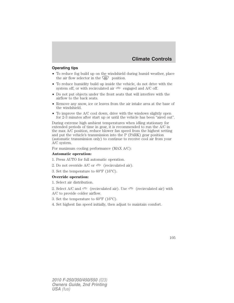 Operating tips, Climate controls | FORD 2010 F-550 v.2 User Manual | Page 105 / 408