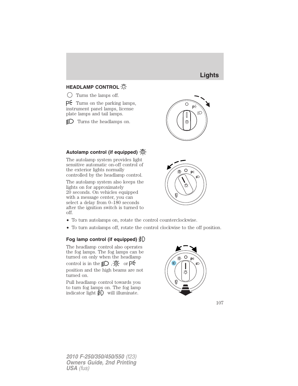 Lights, Headlamp control, Autolamp control (if equipped) | Fog lamp control (if equipped), Headlamps | FORD 2010 F-550 v.2 User Manual | Page 107 / 408