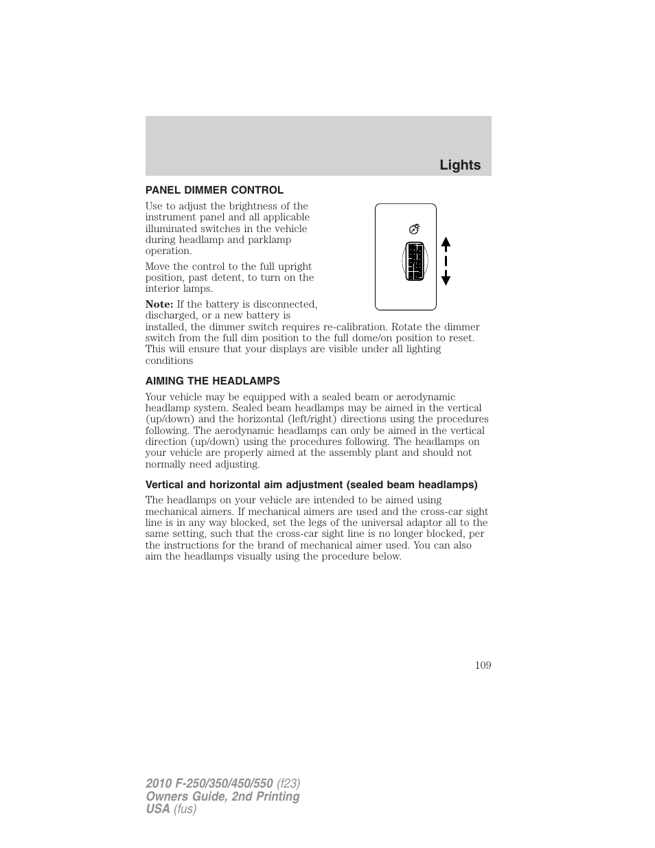 Panel dimmer control, Aiming the headlamps, Lights | FORD 2010 F-550 v.2 User Manual | Page 109 / 408