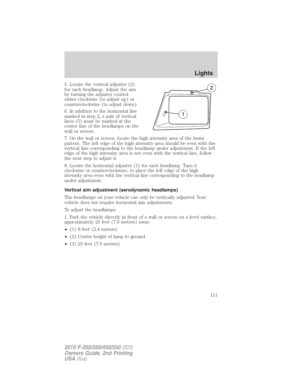 Vertical aim adjustment (aerodynamic headlamps), Lights | FORD 2010 F-550 v.2 User Manual | Page 111 / 408