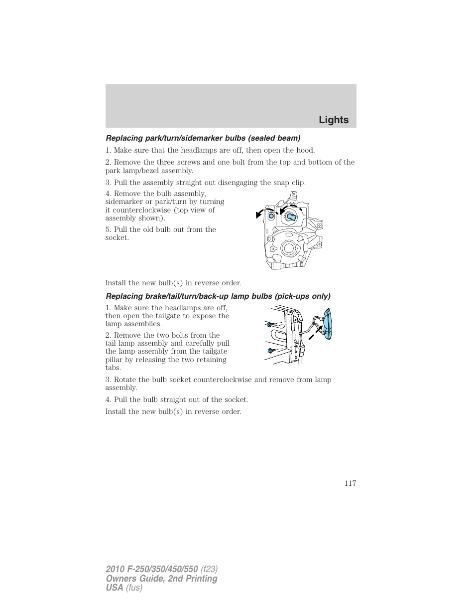 Replacing park/turn/sidemarker bulbs (sealed beam), Lights | FORD 2010 F-550 v.2 User Manual | Page 117 / 408