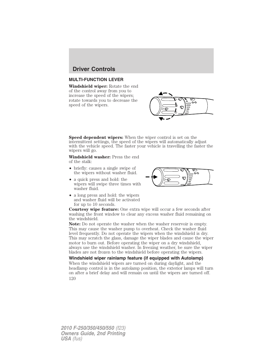 Driver controls, Multi-function lever, Windshield wiper/washer control | FORD 2010 F-550 v.2 User Manual | Page 120 / 408