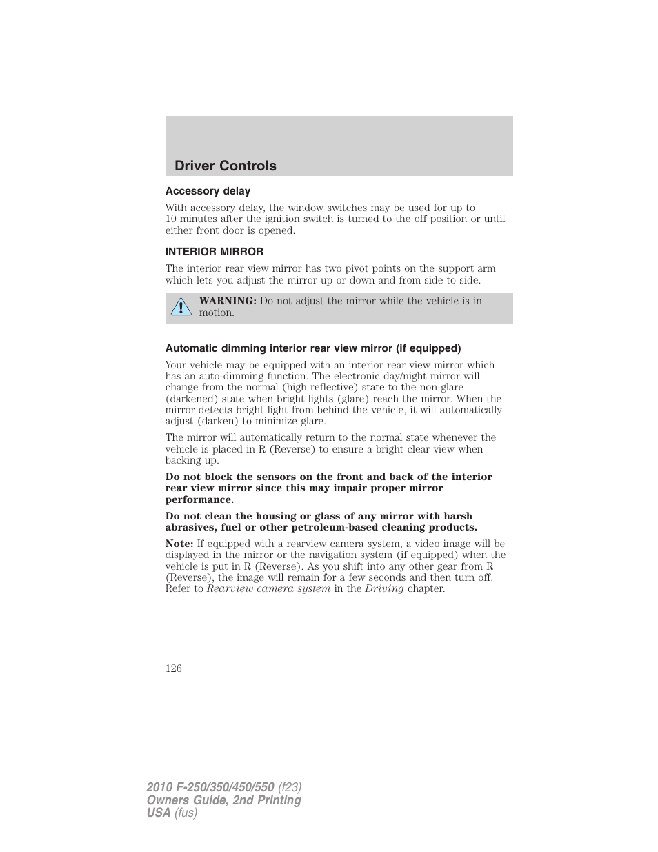 Accessory delay, Interior mirror, Mirrors | Driver controls | FORD 2010 F-550 v.2 User Manual | Page 126 / 408