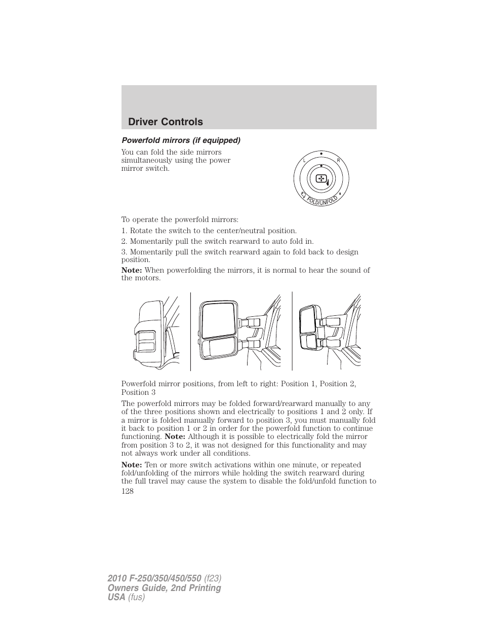Powerfold mirrors (if equipped), Driver controls | FORD 2010 F-550 v.2 User Manual | Page 128 / 408