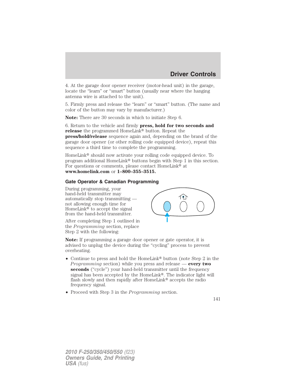 Gate operator & canadian programming, Driver controls | FORD 2010 F-550 v.2 User Manual | Page 141 / 408