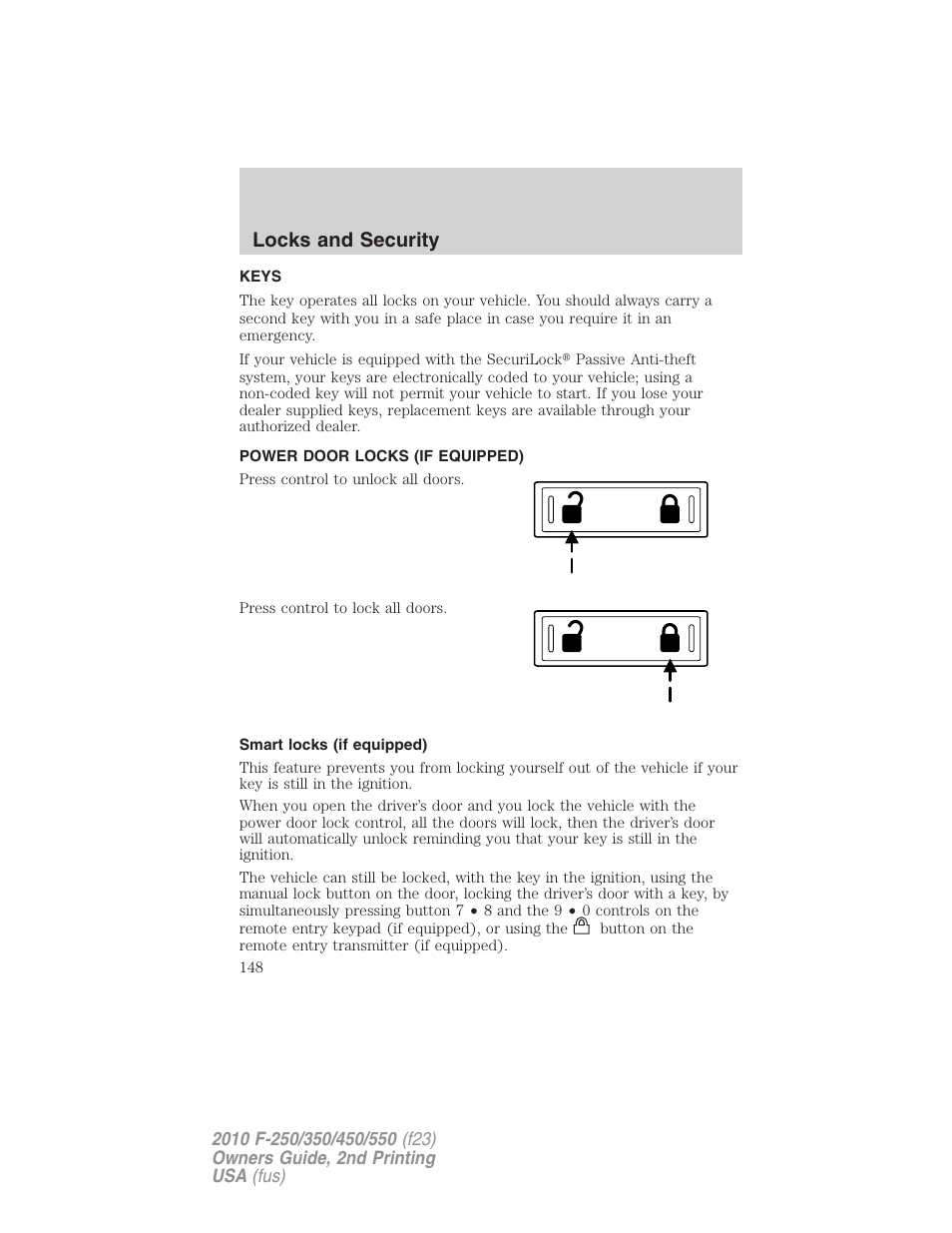 Locks and security, Keys, Power door locks (if equipped) | Smart locks (if equipped), Locks | FORD 2010 F-550 v.2 User Manual | Page 148 / 408