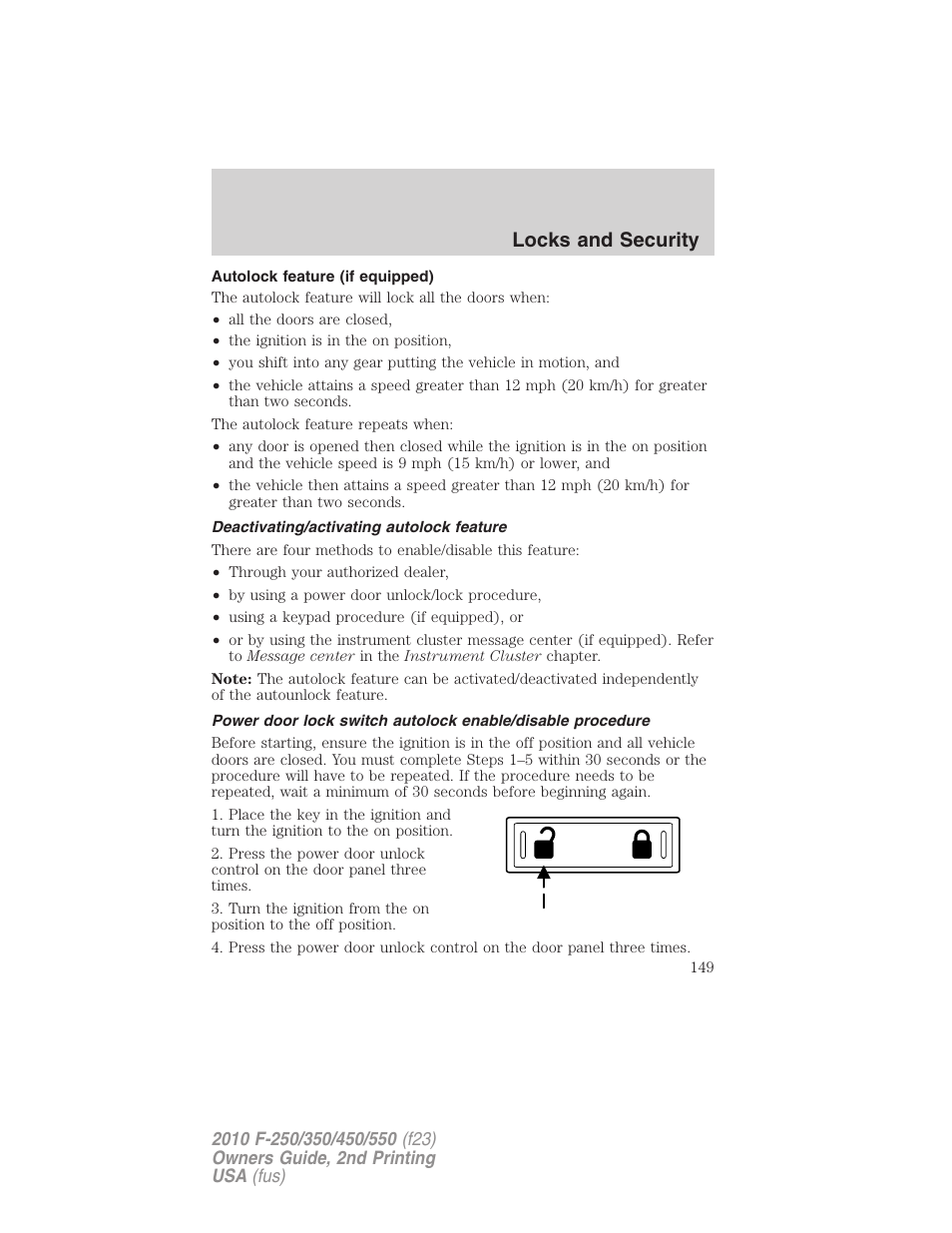 Autolock feature (if equipped), Deactivating/activating autolock feature, Locks and security | FORD 2010 F-550 v.2 User Manual | Page 149 / 408