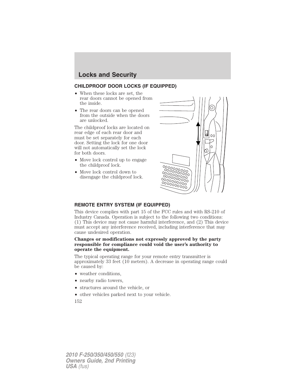 Childproof door locks (if equipped), Remote entry system (if equipped), Locks and security | FORD 2010 F-550 v.2 User Manual | Page 152 / 408