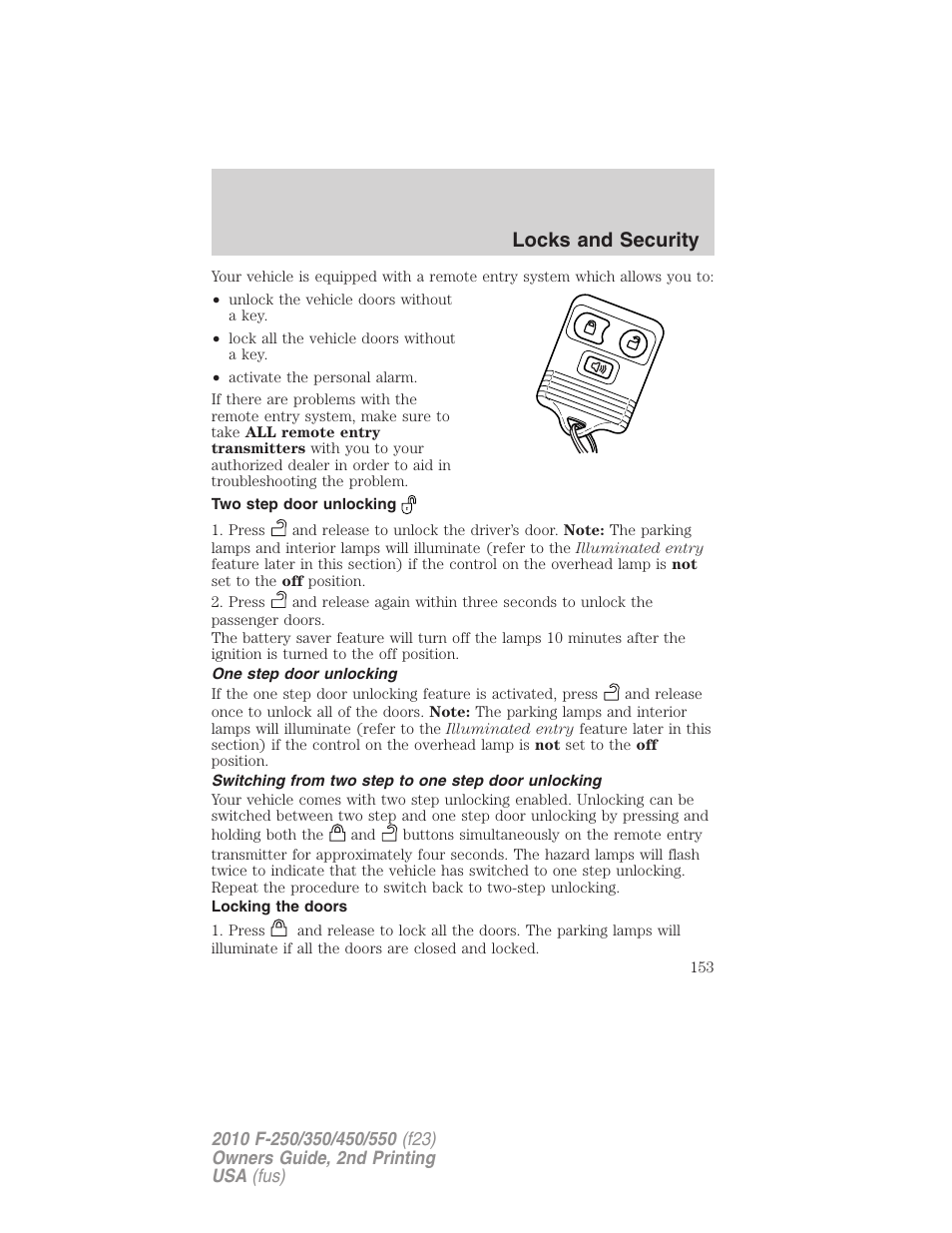 Two step door unlocking, One step door unlocking, Switching from two step to one step door unlocking | Locking the doors, Locks and security | FORD 2010 F-550 v.2 User Manual | Page 153 / 408