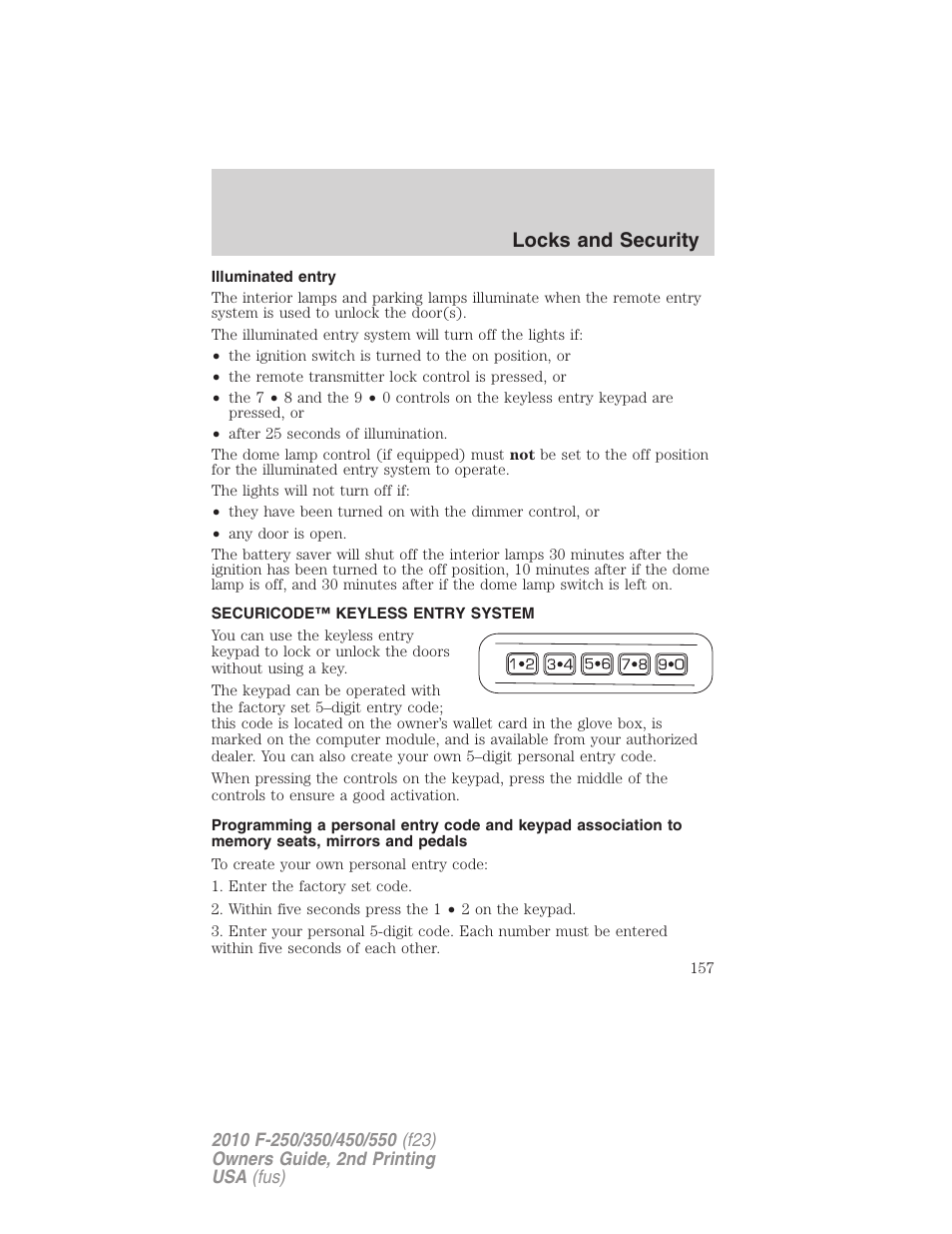 Illuminated entry, Securicode™ keyless entry system, Locks and security | FORD 2010 F-550 v.2 User Manual | Page 157 / 408