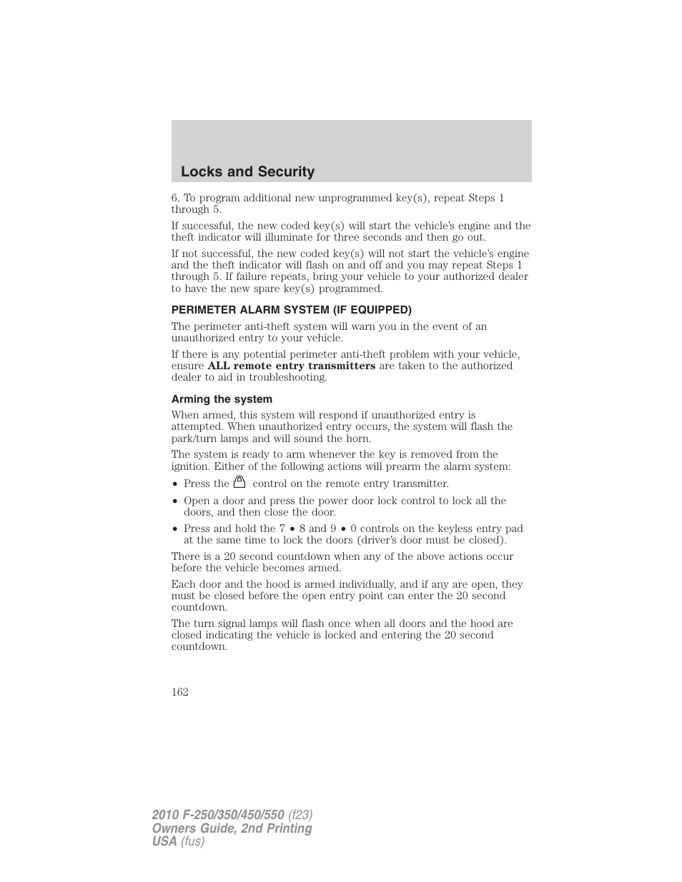 Perimeter alarm system (if equipped), Arming the system, Locks and security | FORD 2010 F-550 v.2 User Manual | Page 162 / 408