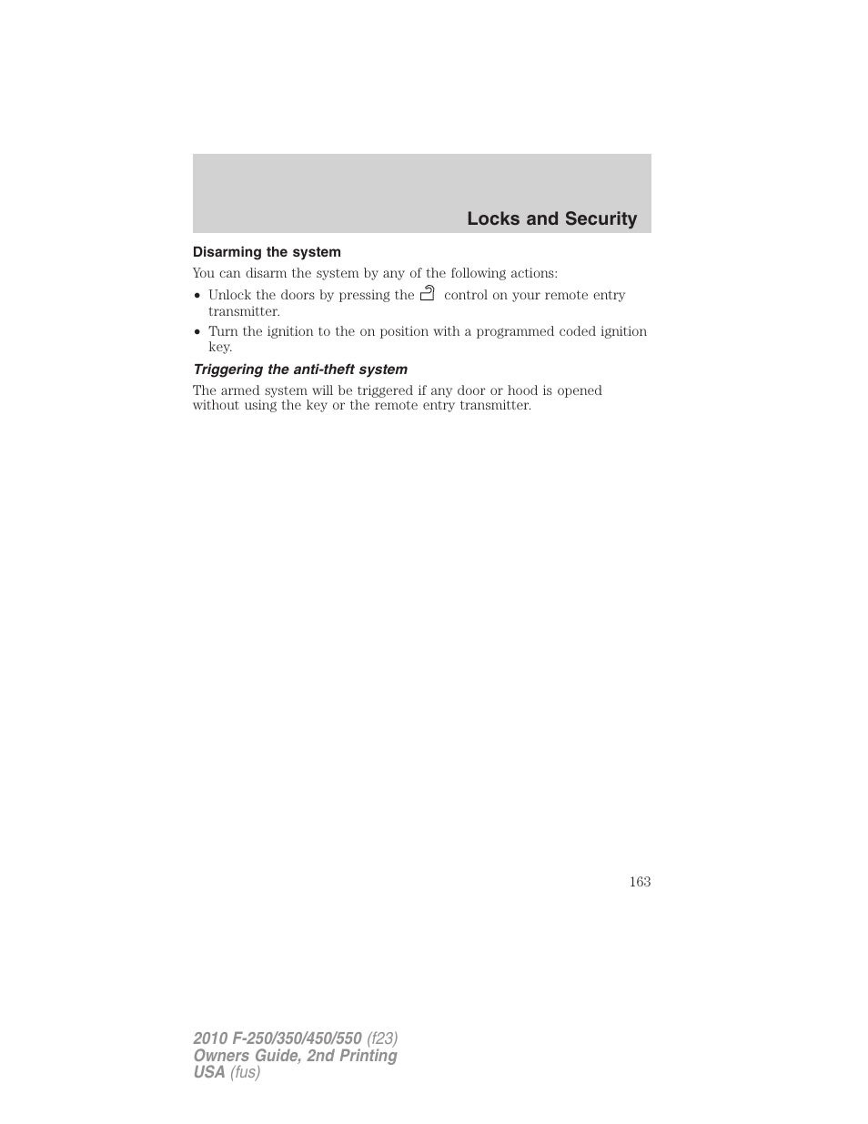 Disarming the system, Triggering the anti-theft system, Locks and security | FORD 2010 F-550 v.2 User Manual | Page 163 / 408