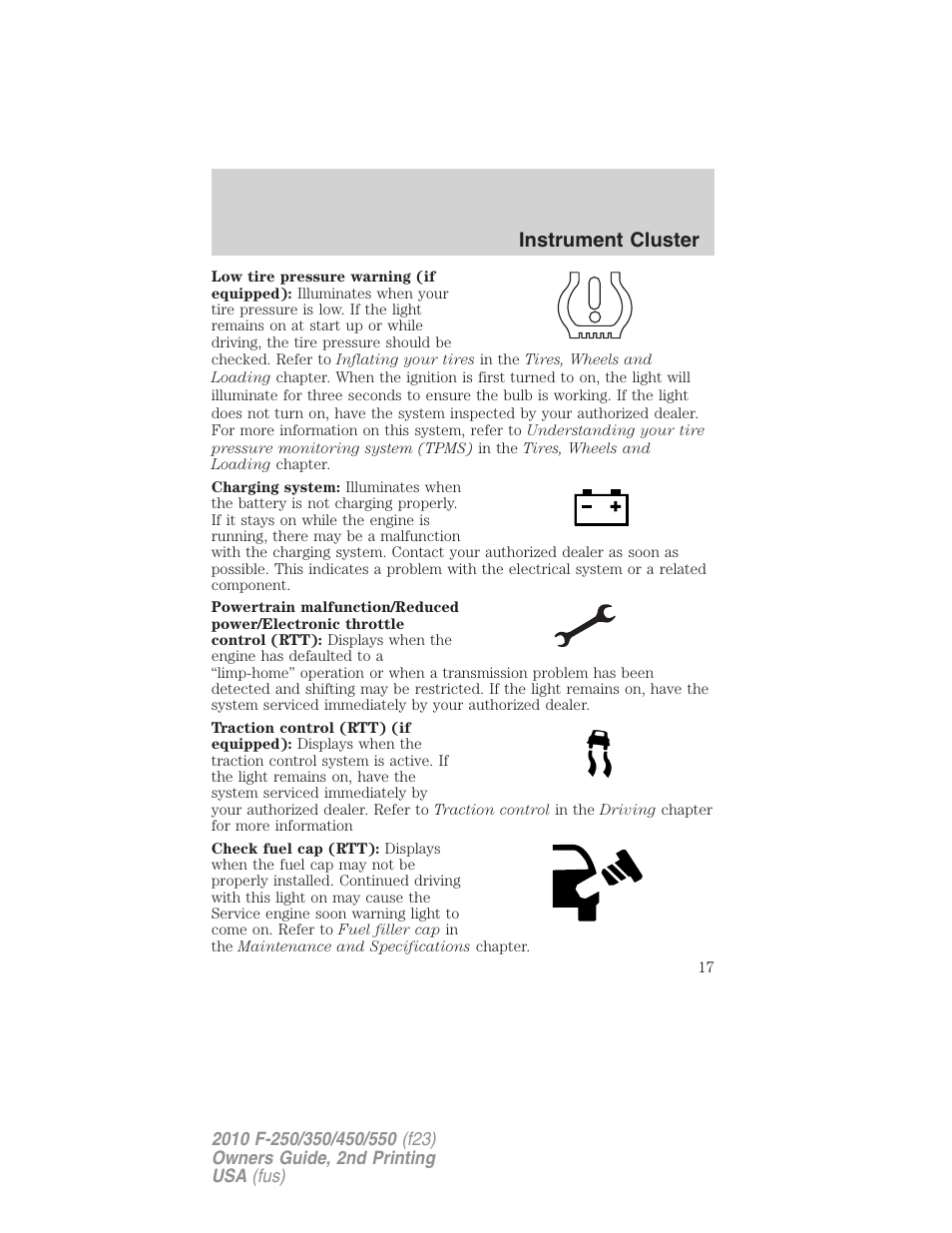 Instrument cluster | FORD 2010 F-550 v.2 User Manual | Page 17 / 408