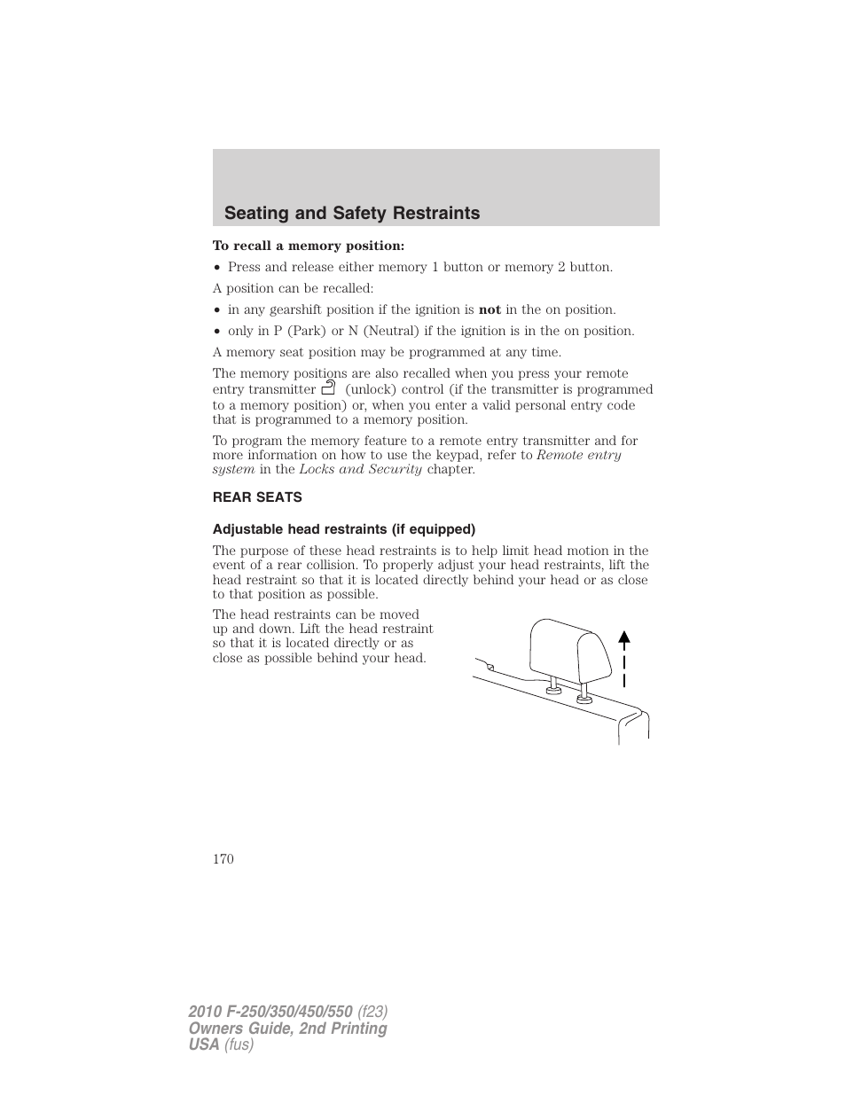 Rear seats, Adjustable head restraints (if equipped), Seating and safety restraints | FORD 2010 F-550 v.2 User Manual | Page 170 / 408