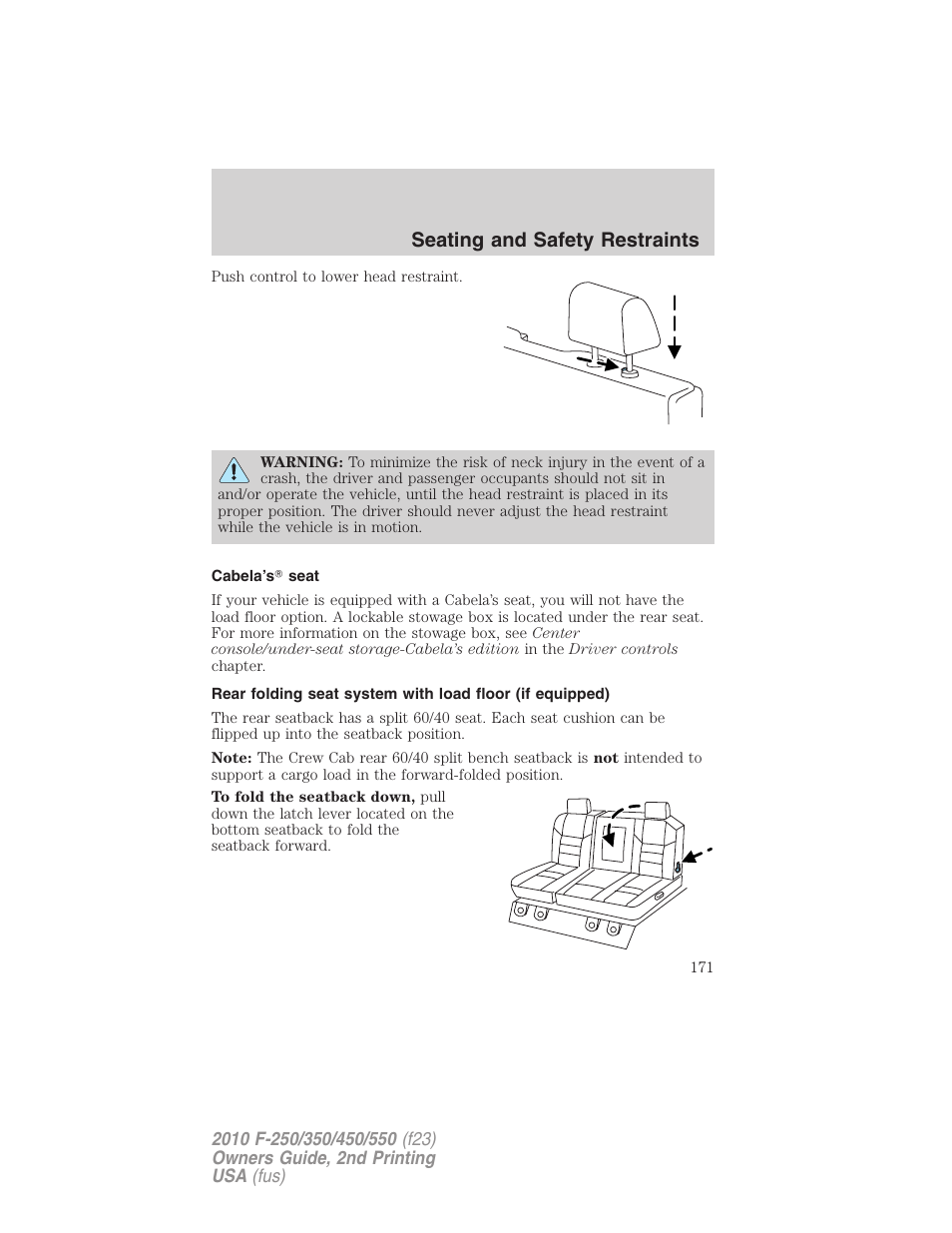 Cabela’s seat, Seating and safety restraints | FORD 2010 F-550 v.2 User Manual | Page 171 / 408