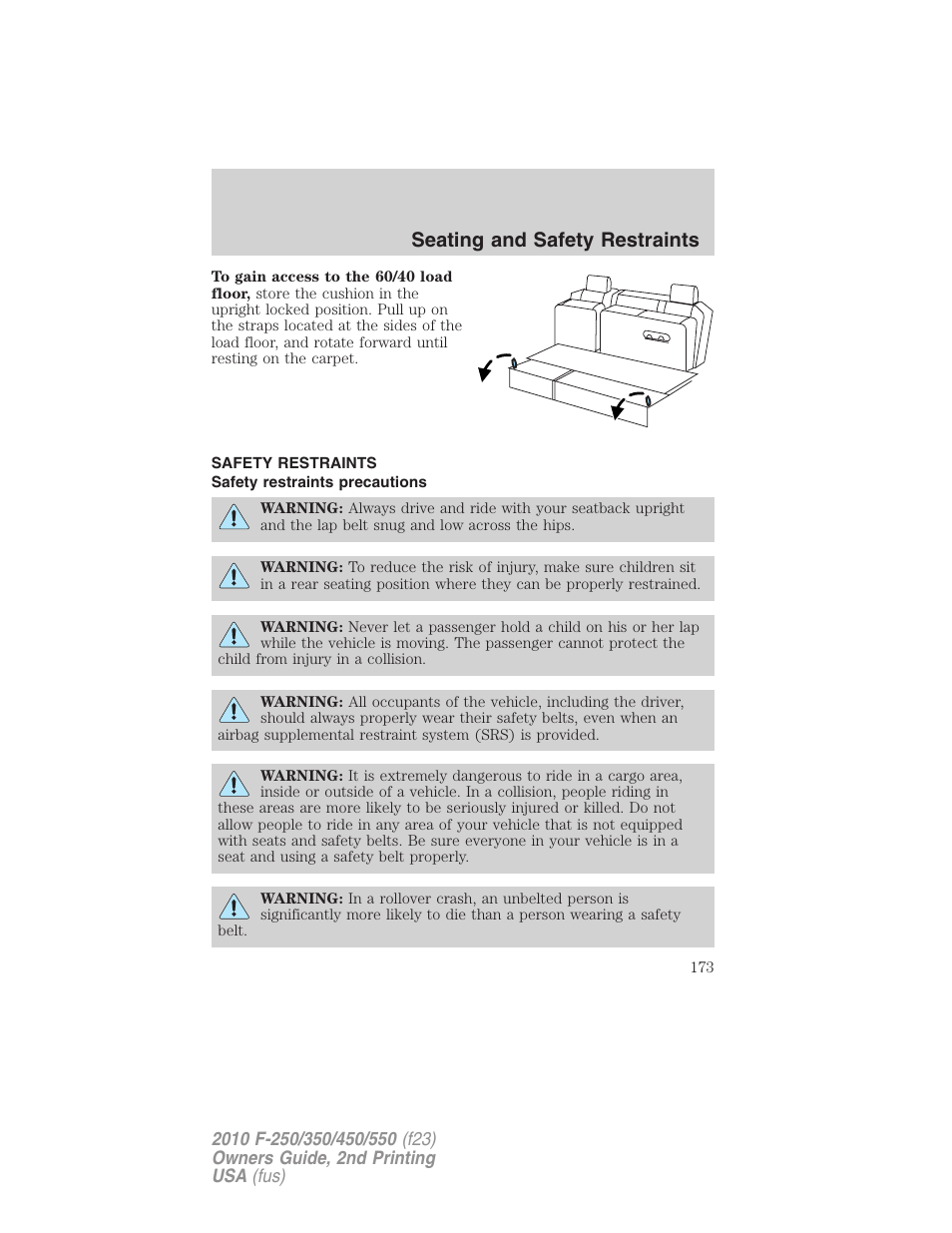 Safety restraints, Safety restraints precautions, Seating and safety restraints | FORD 2010 F-550 v.2 User Manual | Page 173 / 408