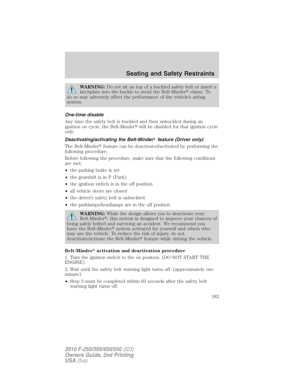 One-time disable, Seating and safety restraints | FORD 2010 F-550 v.2 User Manual | Page 183 / 408