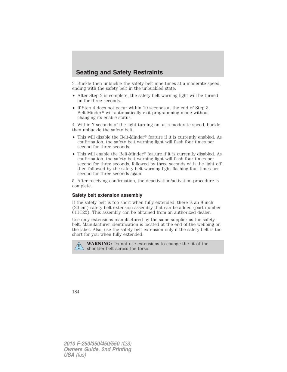 Safety belt extension assembly, Seating and safety restraints | FORD 2010 F-550 v.2 User Manual | Page 184 / 408