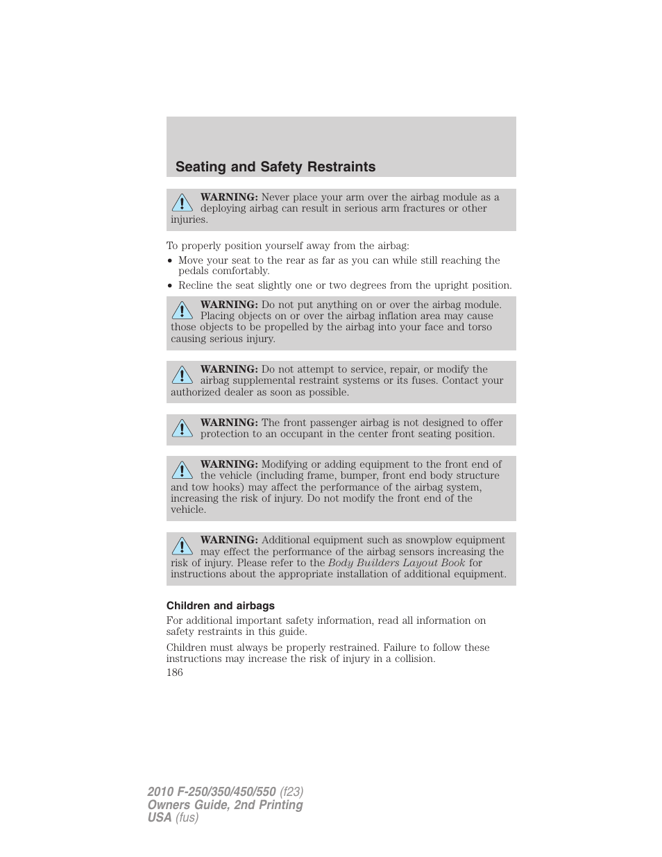 Children and airbags, Seating and safety restraints | FORD 2010 F-550 v.2 User Manual | Page 186 / 408