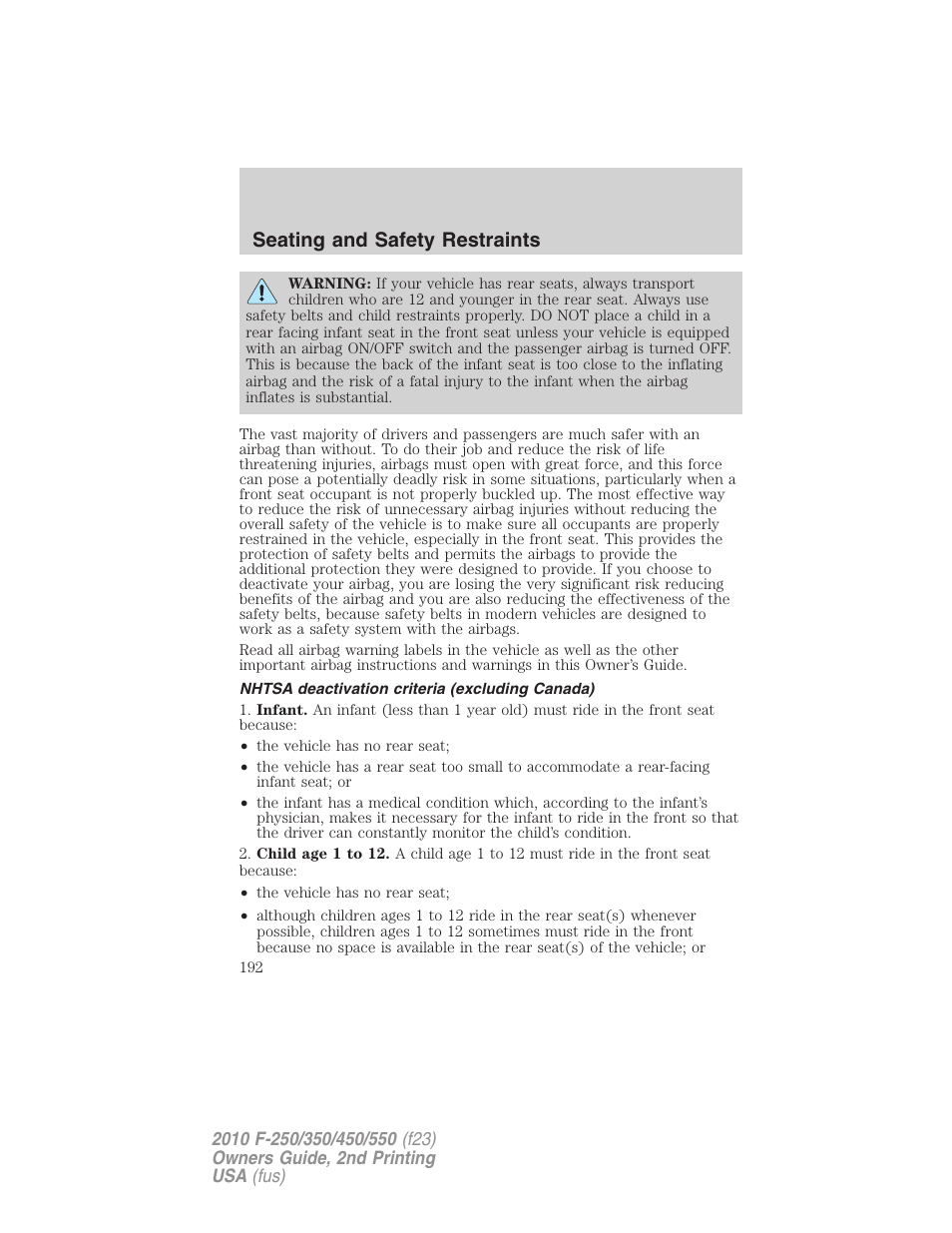 Nhtsa deactivation criteria (excluding canada), Seating and safety restraints | FORD 2010 F-550 v.2 User Manual | Page 192 / 408
