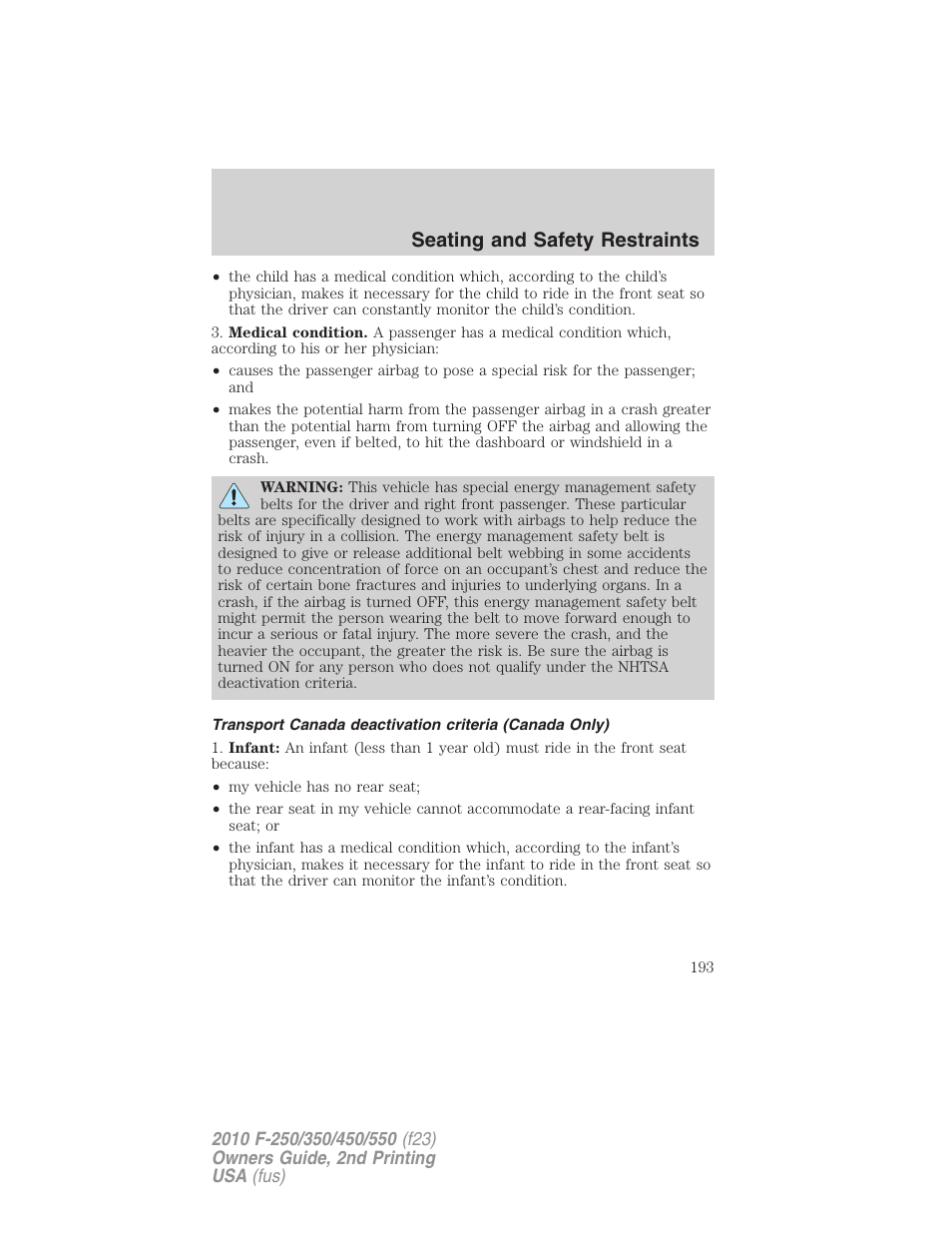 Seating and safety restraints | FORD 2010 F-550 v.2 User Manual | Page 193 / 408