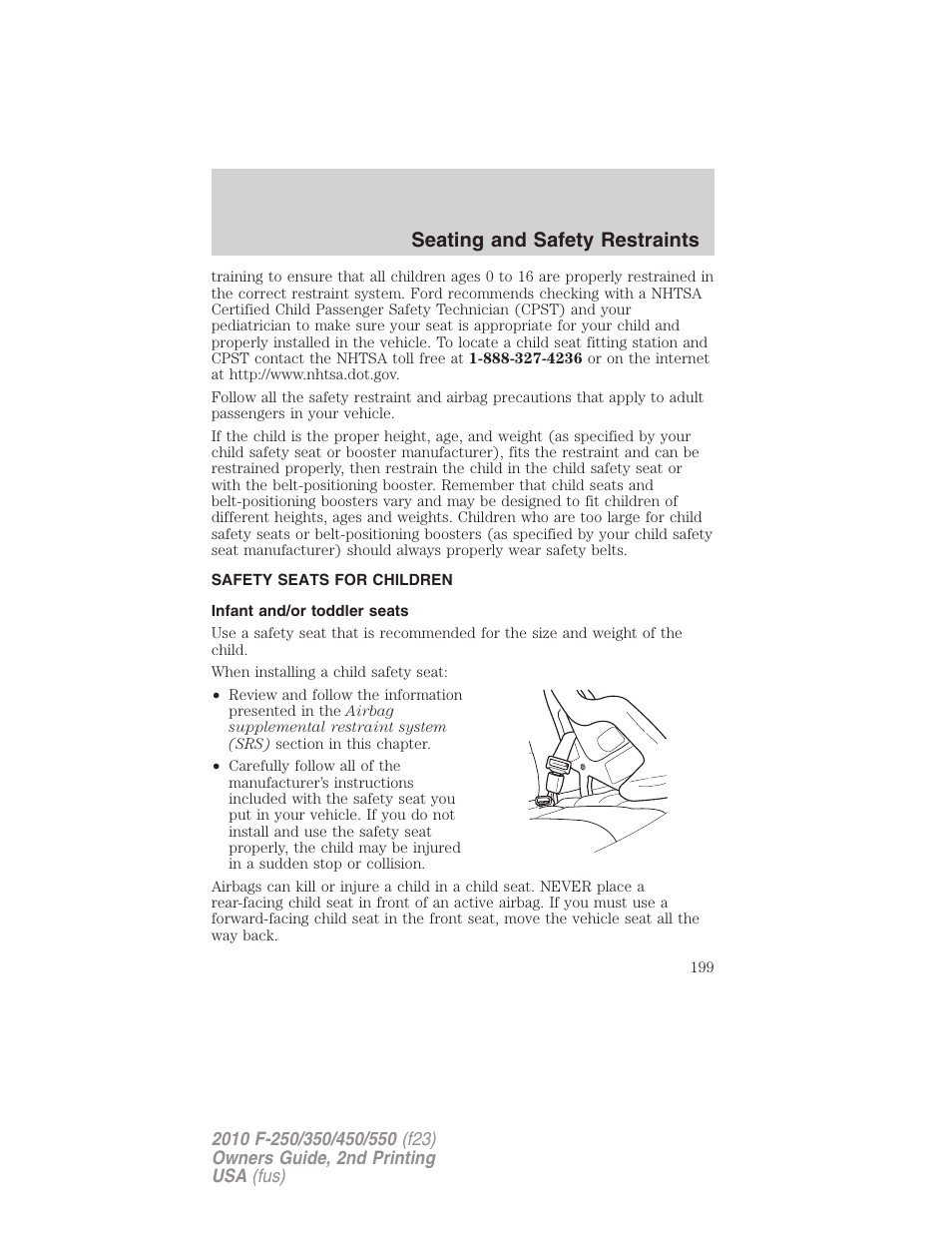 Safety seats for children, Infant and/or toddler seats, Seating and safety restraints | FORD 2010 F-550 v.2 User Manual | Page 199 / 408