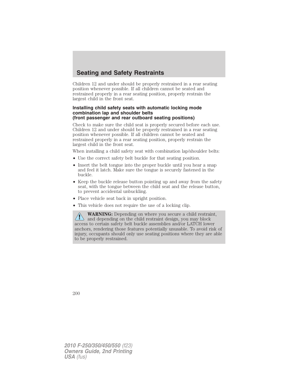 Seating and safety restraints | FORD 2010 F-550 v.2 User Manual | Page 200 / 408