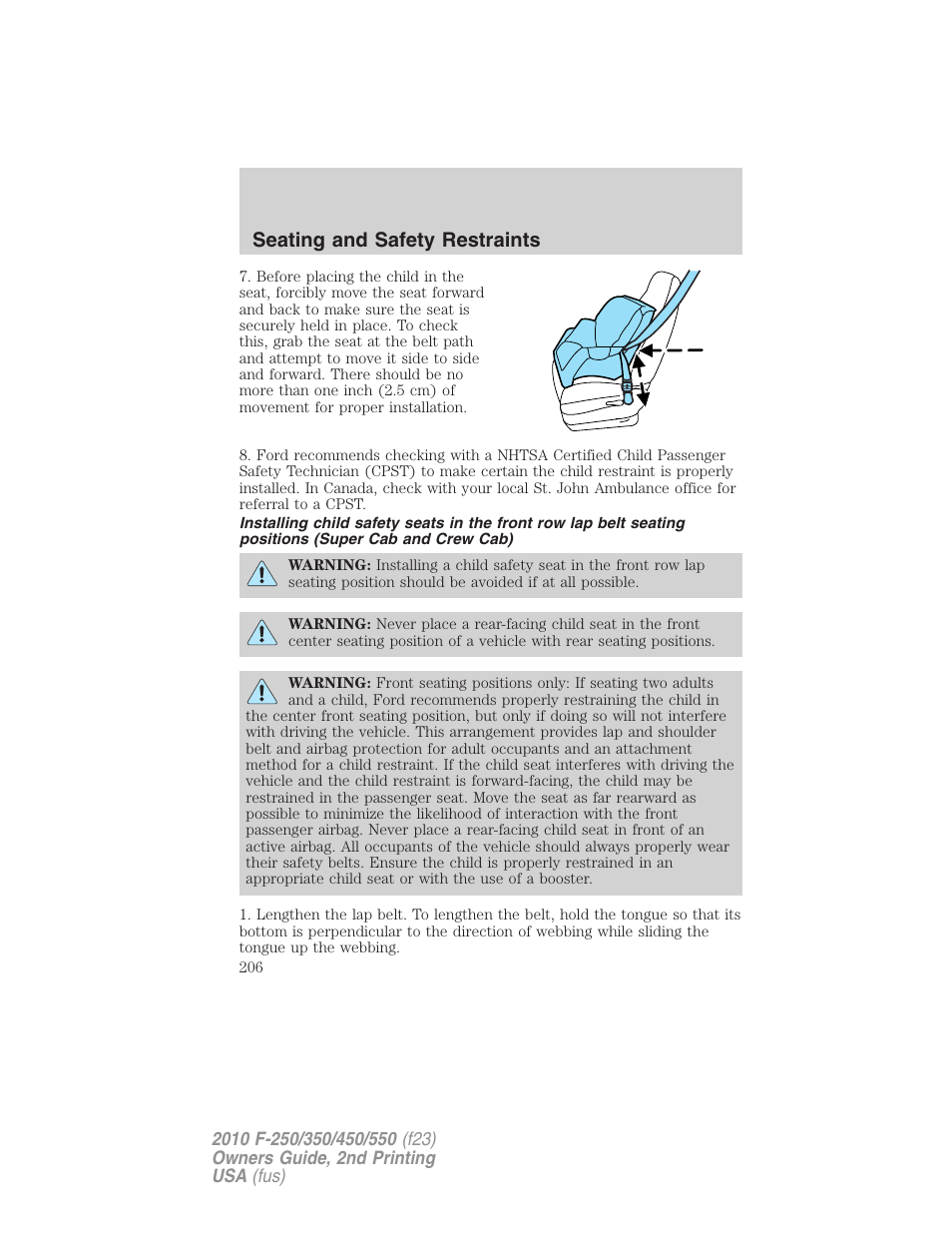 Seating and safety restraints | FORD 2010 F-550 v.2 User Manual | Page 206 / 408