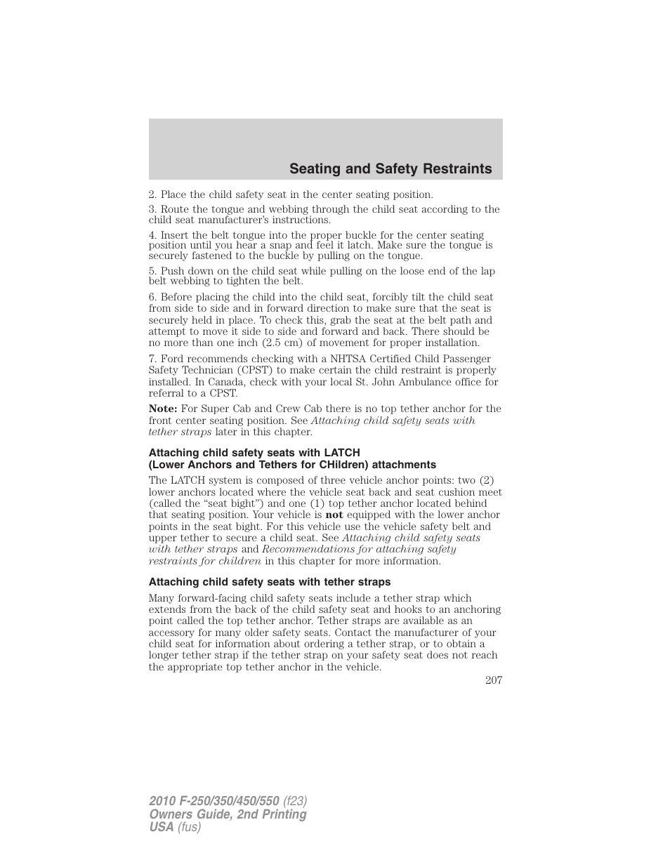 Attaching child safety seats with tether straps, Seating and safety restraints | FORD 2010 F-550 v.2 User Manual | Page 207 / 408
