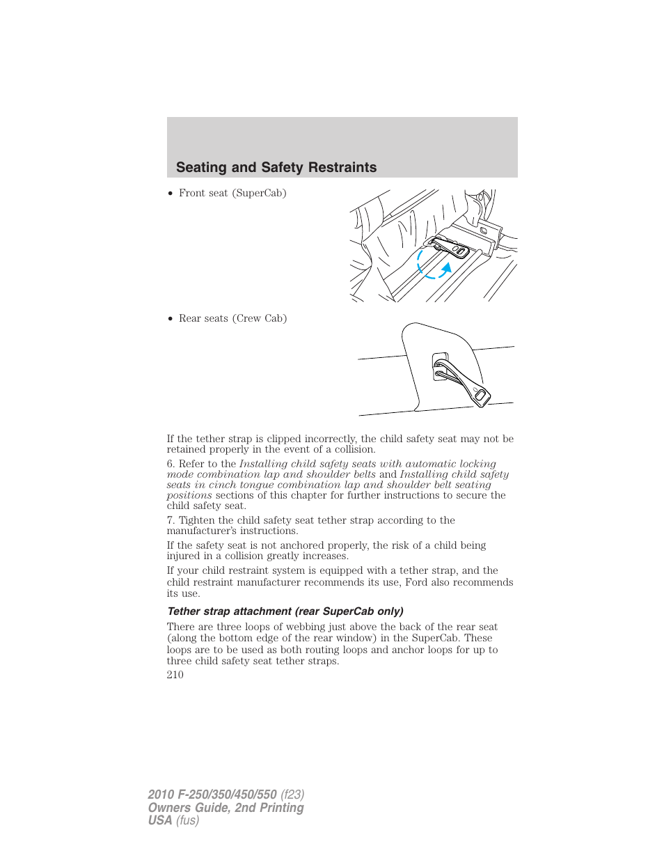 Tether strap attachment (rear supercab only), Seating and safety restraints | FORD 2010 F-550 v.2 User Manual | Page 210 / 408