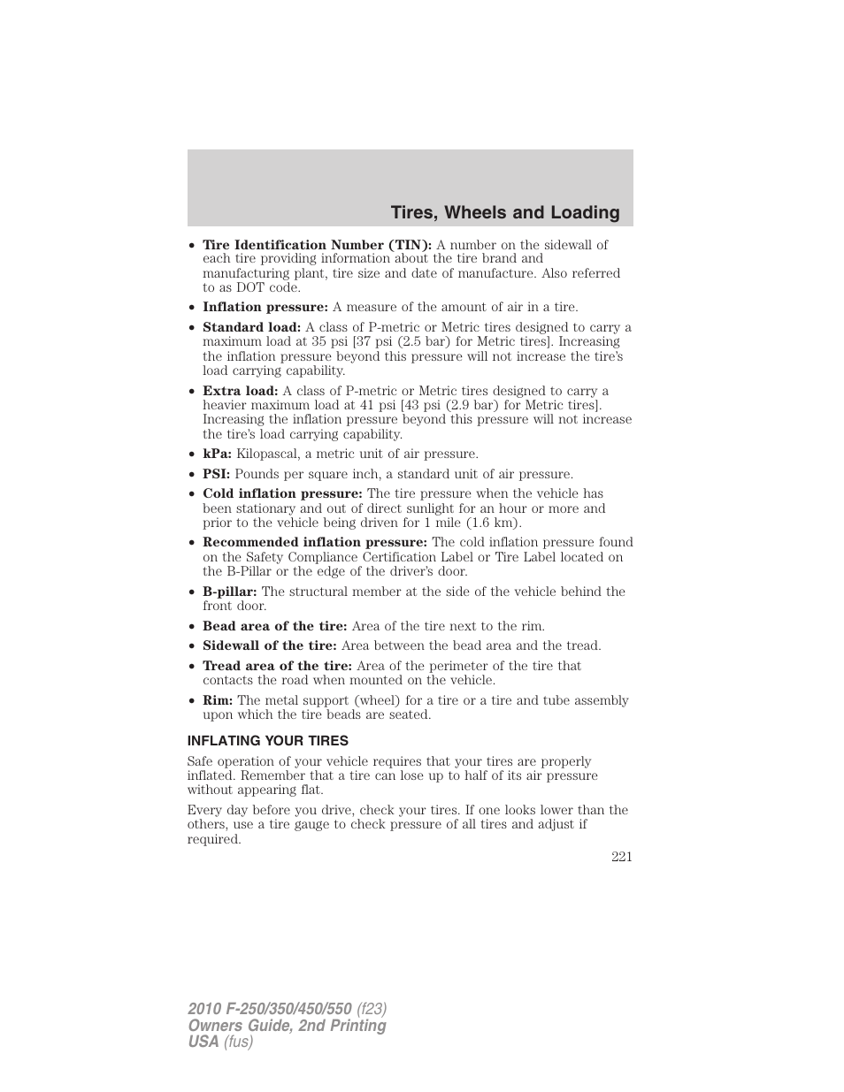 Inflating your tires, Tire inflation, Tires, wheels and loading | FORD 2010 F-550 v.2 User Manual | Page 221 / 408