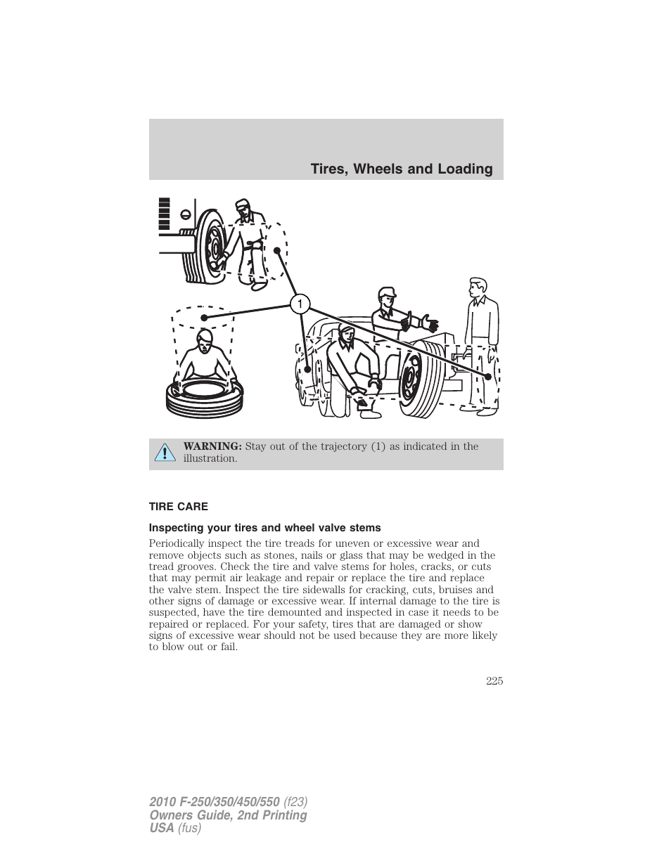 Tire care, Inspecting your tires and wheel valve stems, Tires, wheels and loading | FORD 2010 F-550 v.2 User Manual | Page 225 / 408