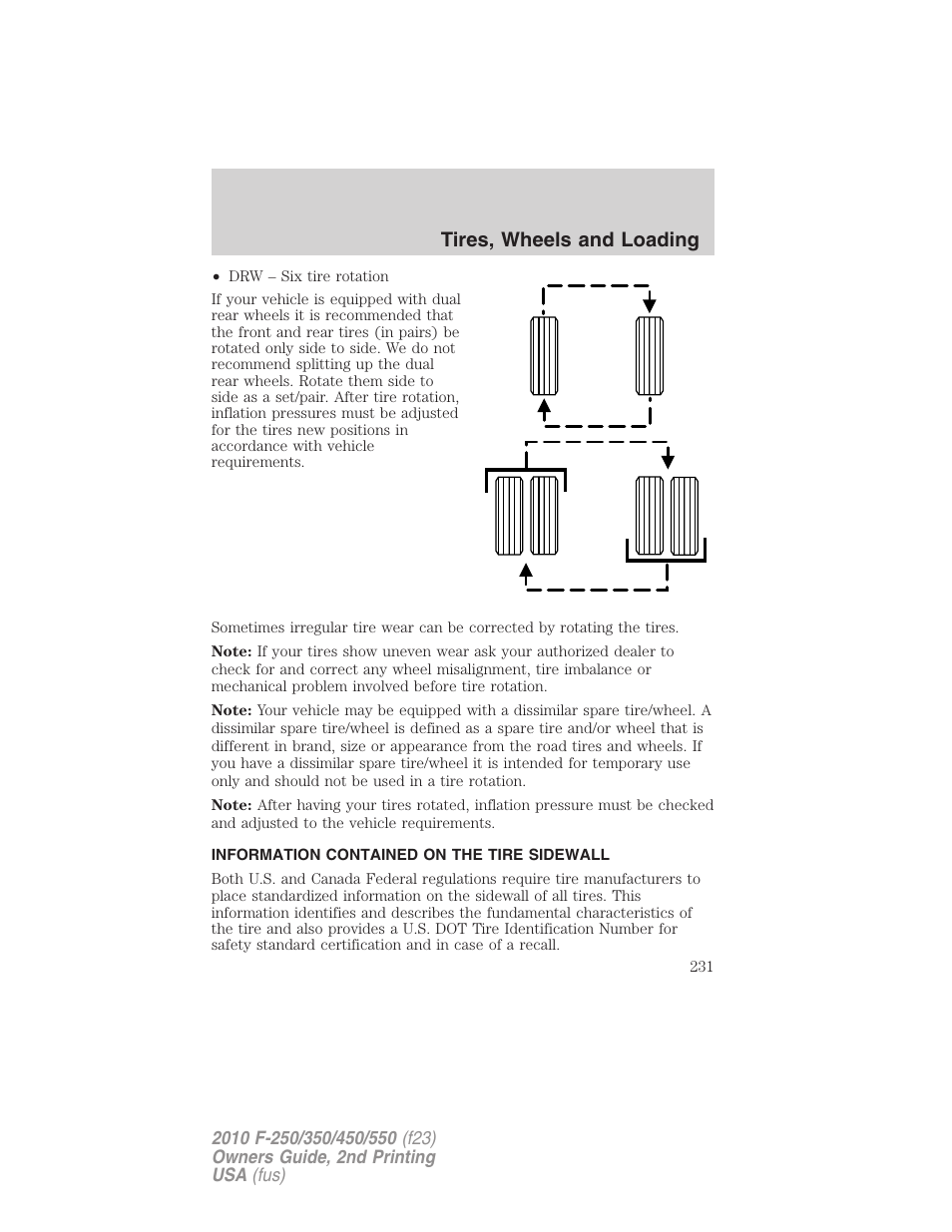 Information contained on the tire sidewall, Tires, wheels and loading | FORD 2010 F-550 v.2 User Manual | Page 231 / 408