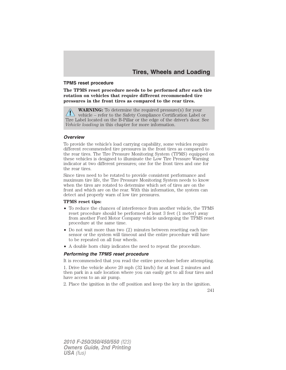 Tpms reset procedure, Overview, Performing the tpms reset procedure | Tires, wheels and loading | FORD 2010 F-550 v.2 User Manual | Page 241 / 408