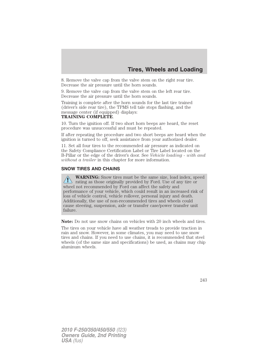 Snow tires and chains, Tires, wheels and loading | FORD 2010 F-550 v.2 User Manual | Page 243 / 408