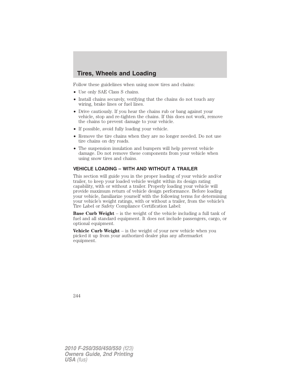 Vehicle loading – with and without a trailer, Vehicle loading, Tires, wheels and loading | FORD 2010 F-550 v.2 User Manual | Page 244 / 408