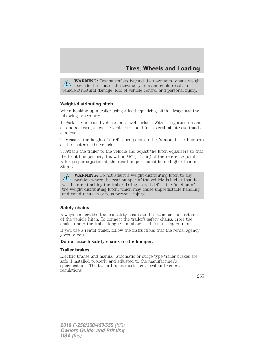 Weight-distributing hitch, Safety chains, Trailer brakes | Tires, wheels and loading | FORD 2010 F-550 v.2 User Manual | Page 255 / 408