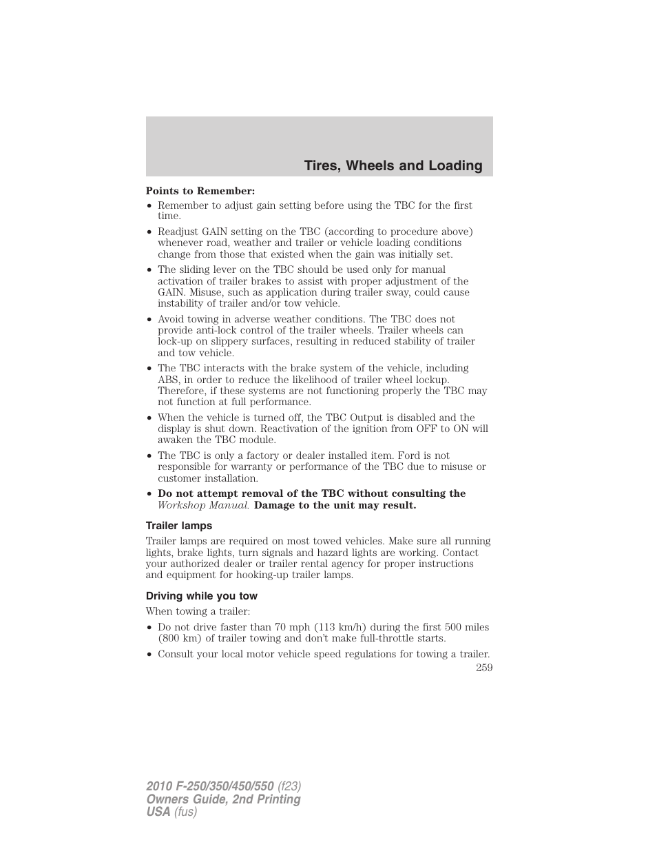 Trailer lamps, Driving while you tow, Tires, wheels and loading | FORD 2010 F-550 v.2 User Manual | Page 259 / 408