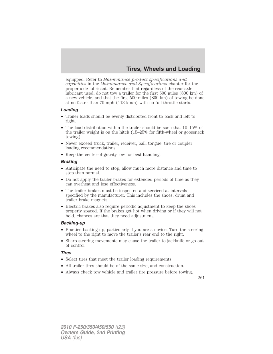 Loading, Braking, Backing-up | Tires, Tires, wheels and loading | FORD 2010 F-550 v.2 User Manual | Page 261 / 408