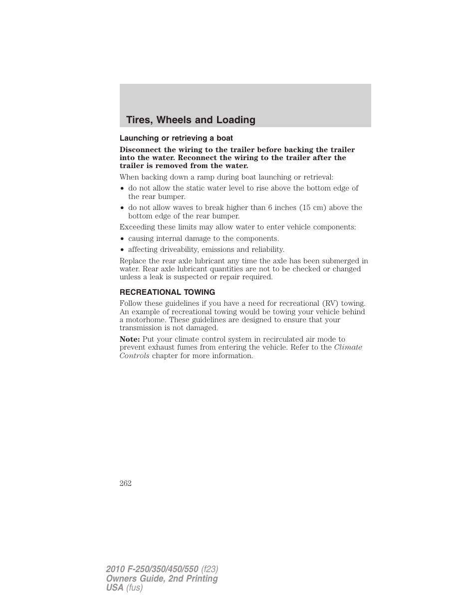 Launching or retrieving a boat, Recreational towing, Tires, wheels and loading | FORD 2010 F-550 v.2 User Manual | Page 262 / 408