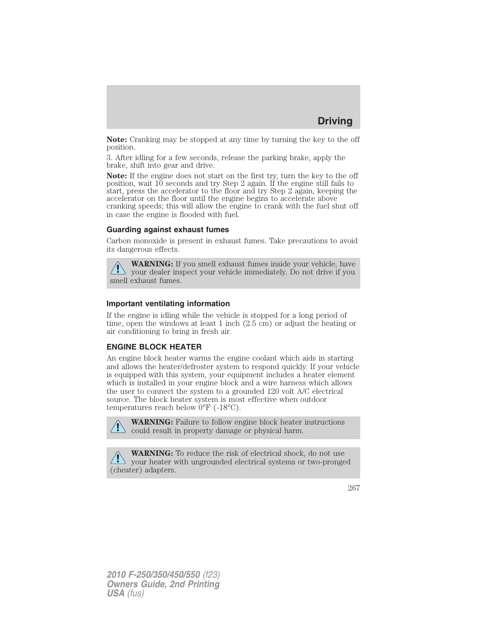 Guarding against exhaust fumes, Important ventilating information, Engine block heater | Driving | FORD 2010 F-550 v.2 User Manual | Page 267 / 408