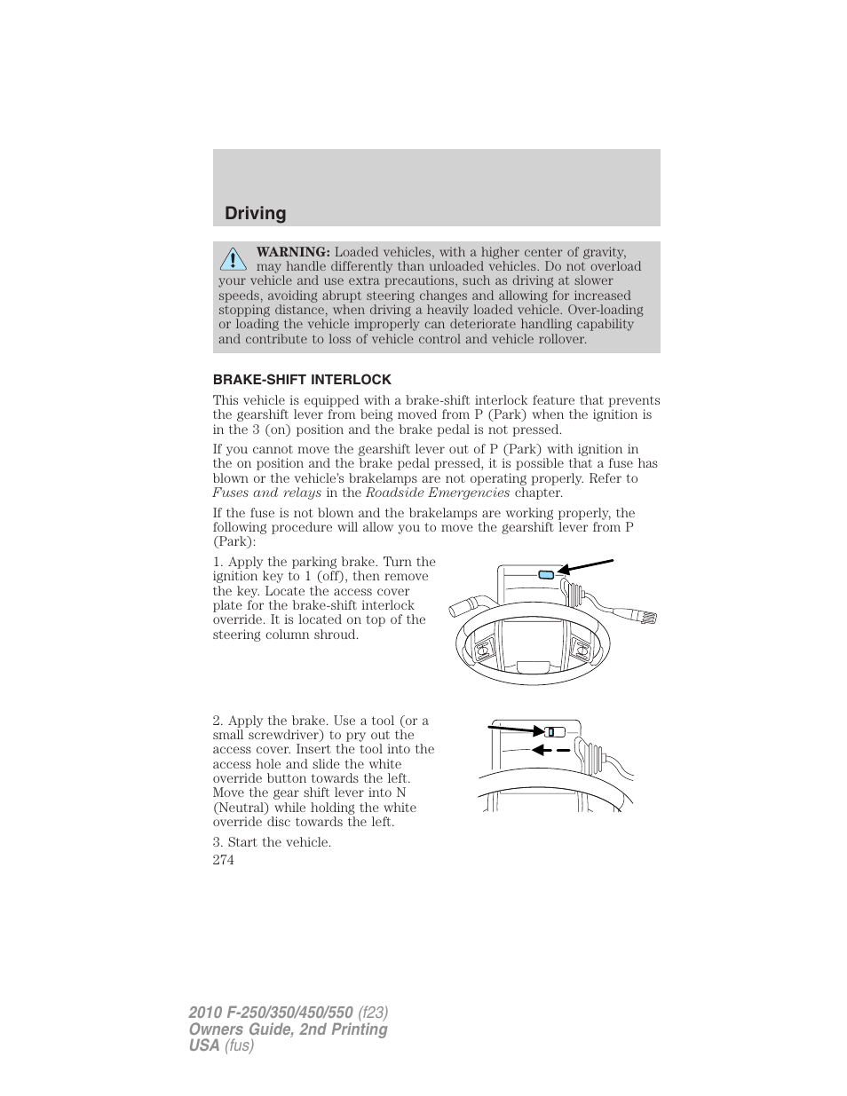 Brake-shift interlock, Driving | FORD 2010 F-550 v.2 User Manual | Page 274 / 408