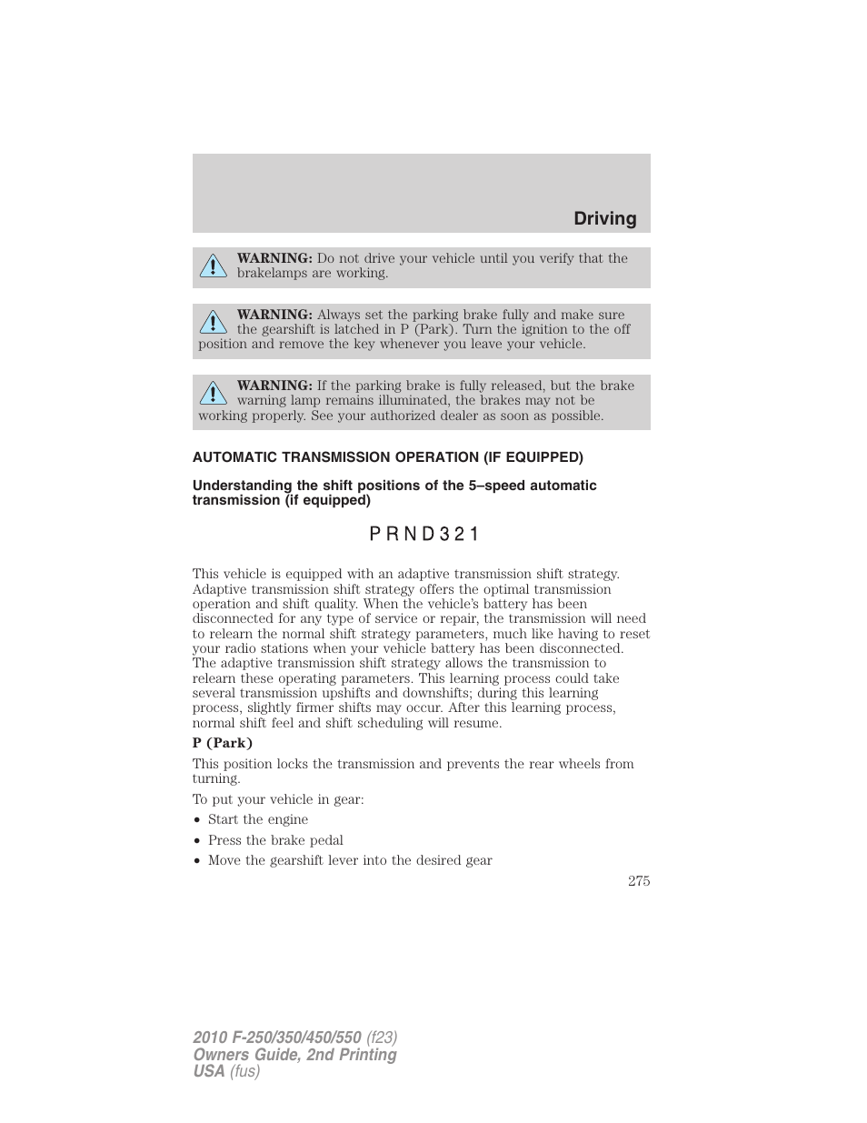 Automatic transmission operation (if equipped), Transmission operation, Driving | FORD 2010 F-550 v.2 User Manual | Page 275 / 408