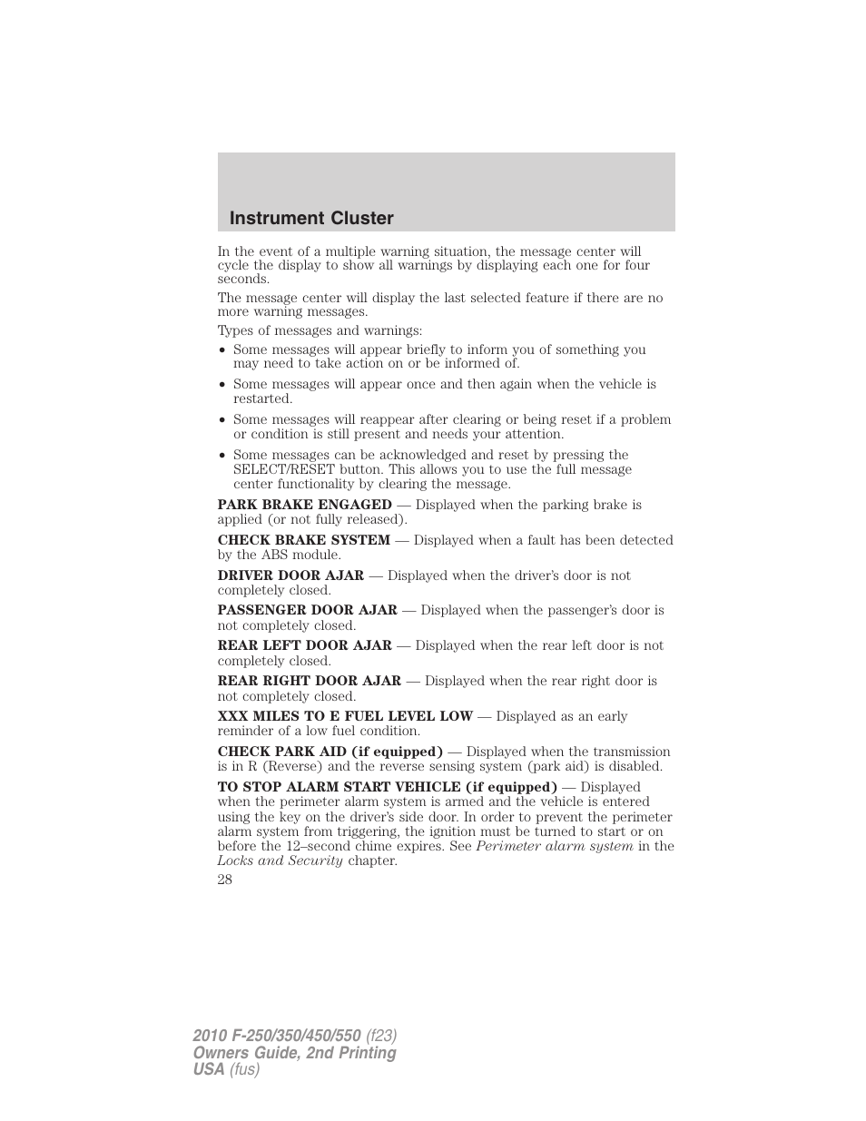 Instrument cluster | FORD 2010 F-550 v.2 User Manual | Page 28 / 408