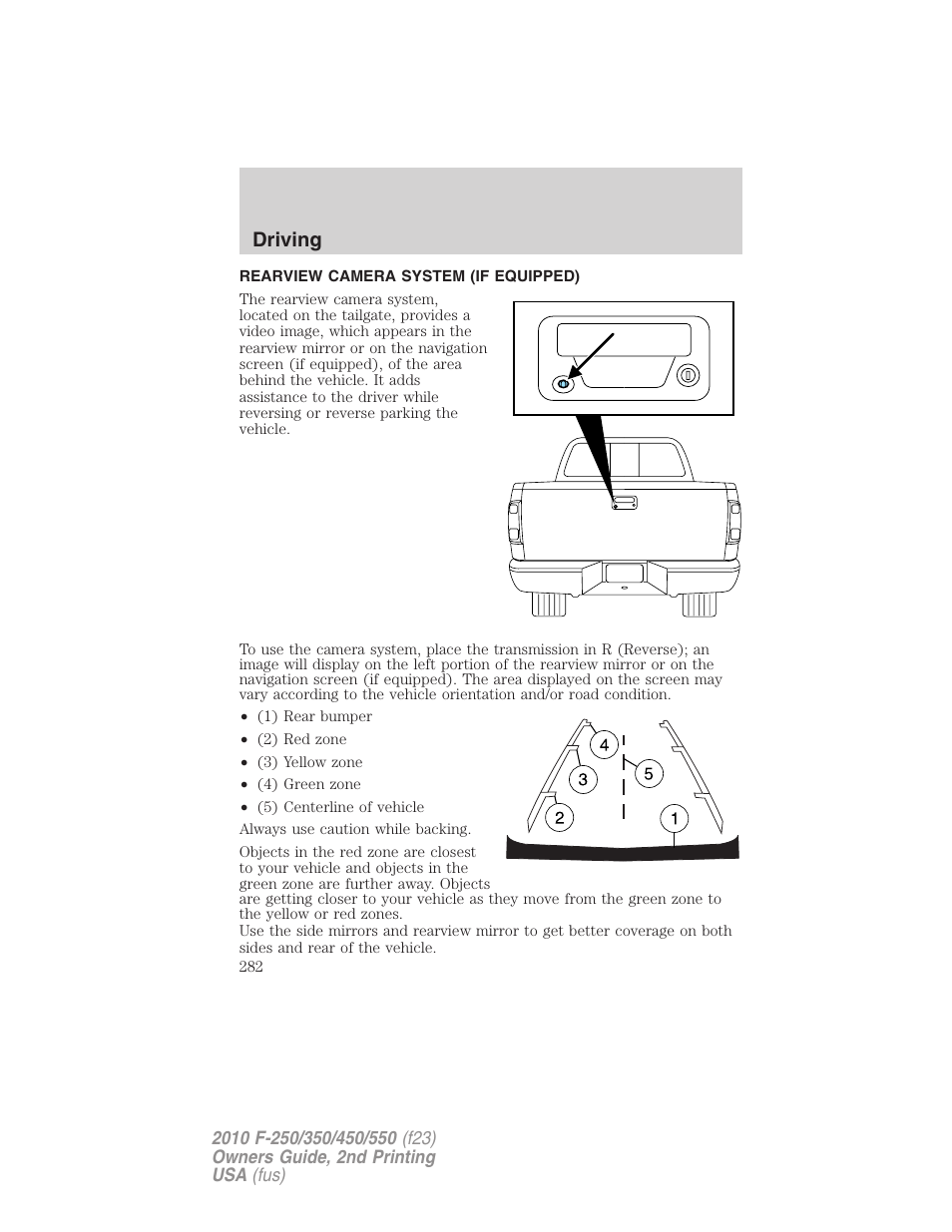 Rearview camera system (if equipped), Rear-view camera system, Driving | FORD 2010 F-550 v.2 User Manual | Page 282 / 408