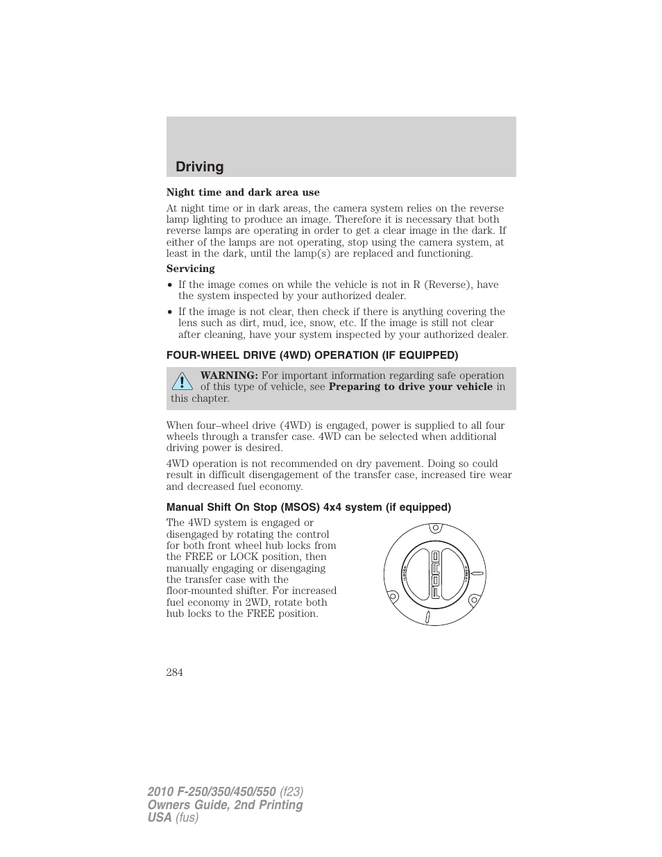 Four-wheel drive (4wd) operation (if equipped), Driving | FORD 2010 F-550 v.2 User Manual | Page 284 / 408