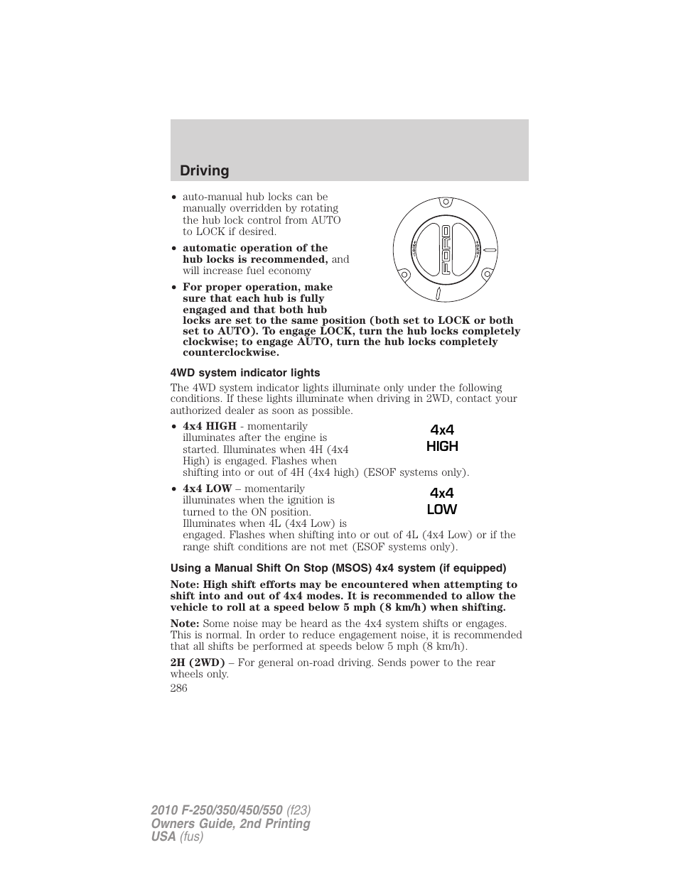 4wd system indicator lights, Driving | FORD 2010 F-550 v.2 User Manual | Page 286 / 408