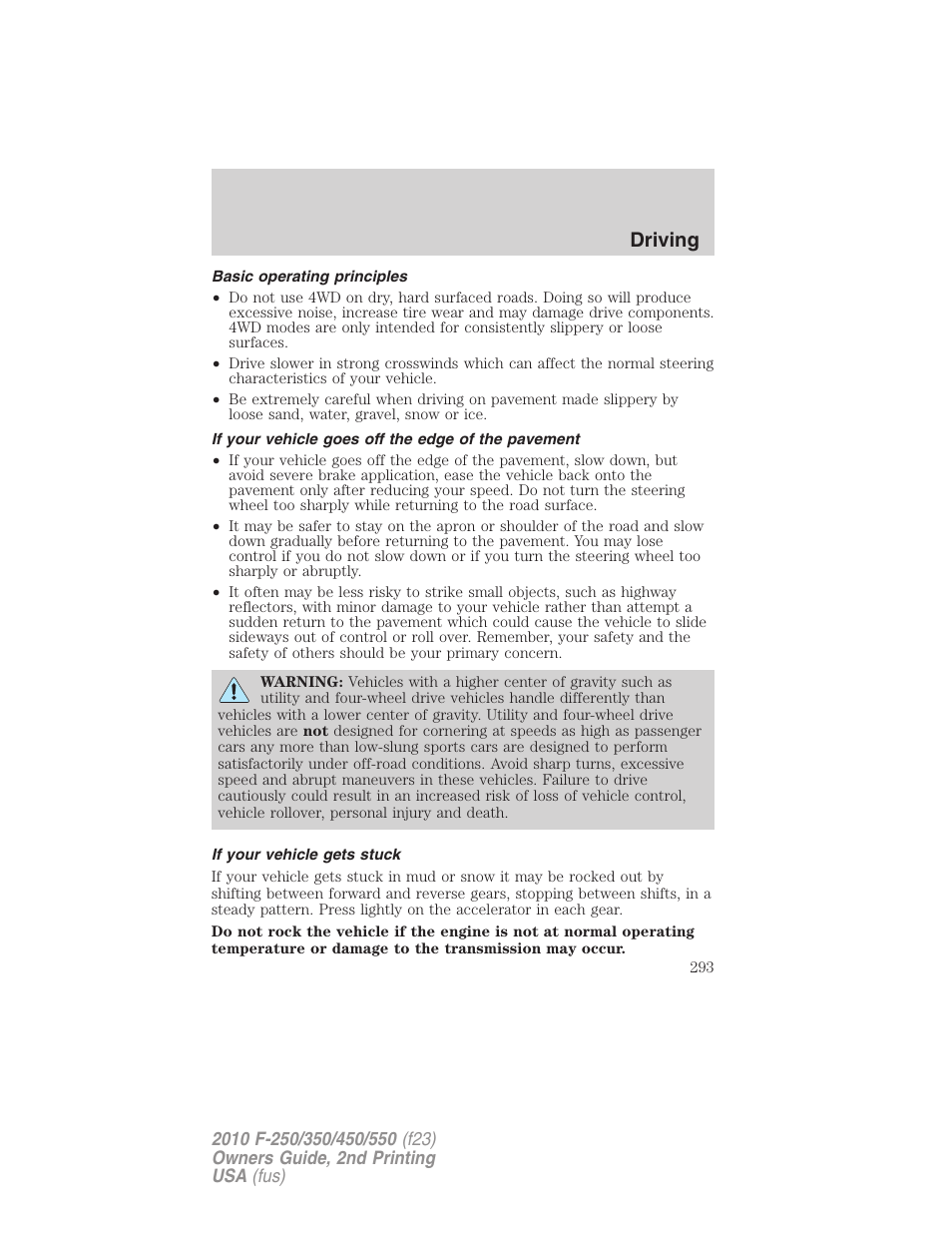 Basic operating principles, If your vehicle goes off the edge of the pavement, If your vehicle gets stuck | Driving | FORD 2010 F-550 v.2 User Manual | Page 293 / 408