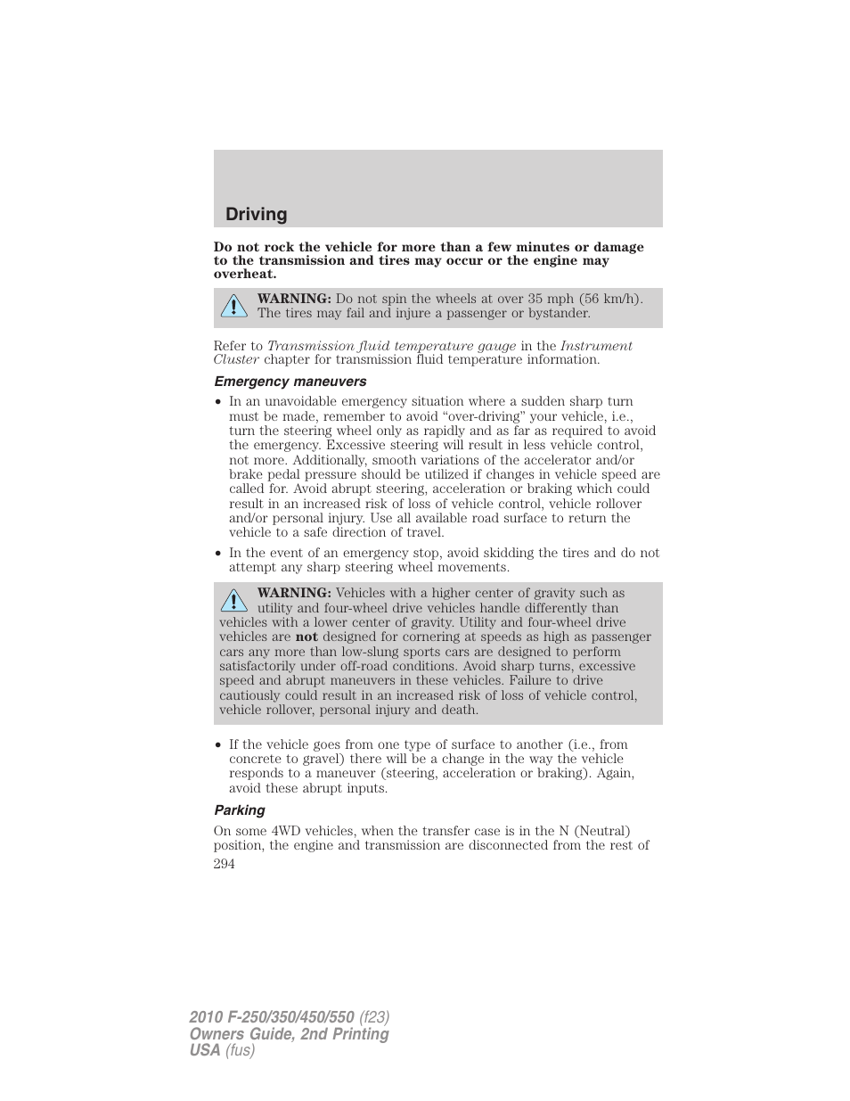 Emergency maneuvers, Parking, Driving | FORD 2010 F-550 v.2 User Manual | Page 294 / 408