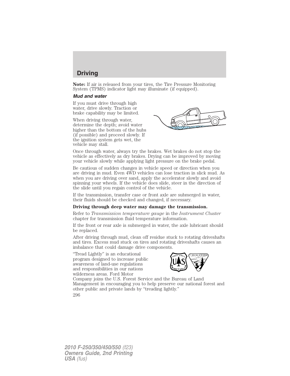 Mud and water, Driving | FORD 2010 F-550 v.2 User Manual | Page 296 / 408